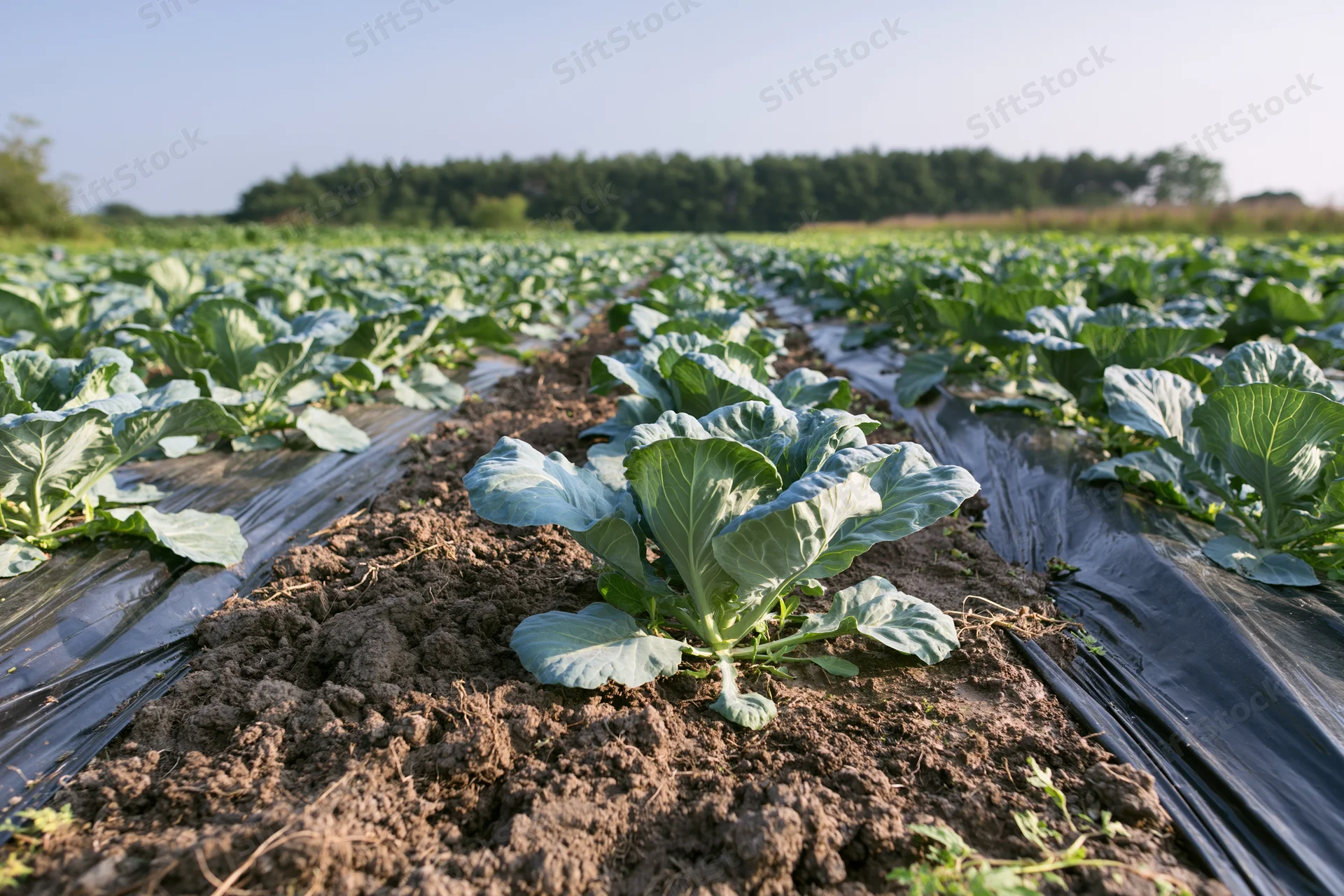Young cabbage plants growing in rows on a farm field with black plastic mulch