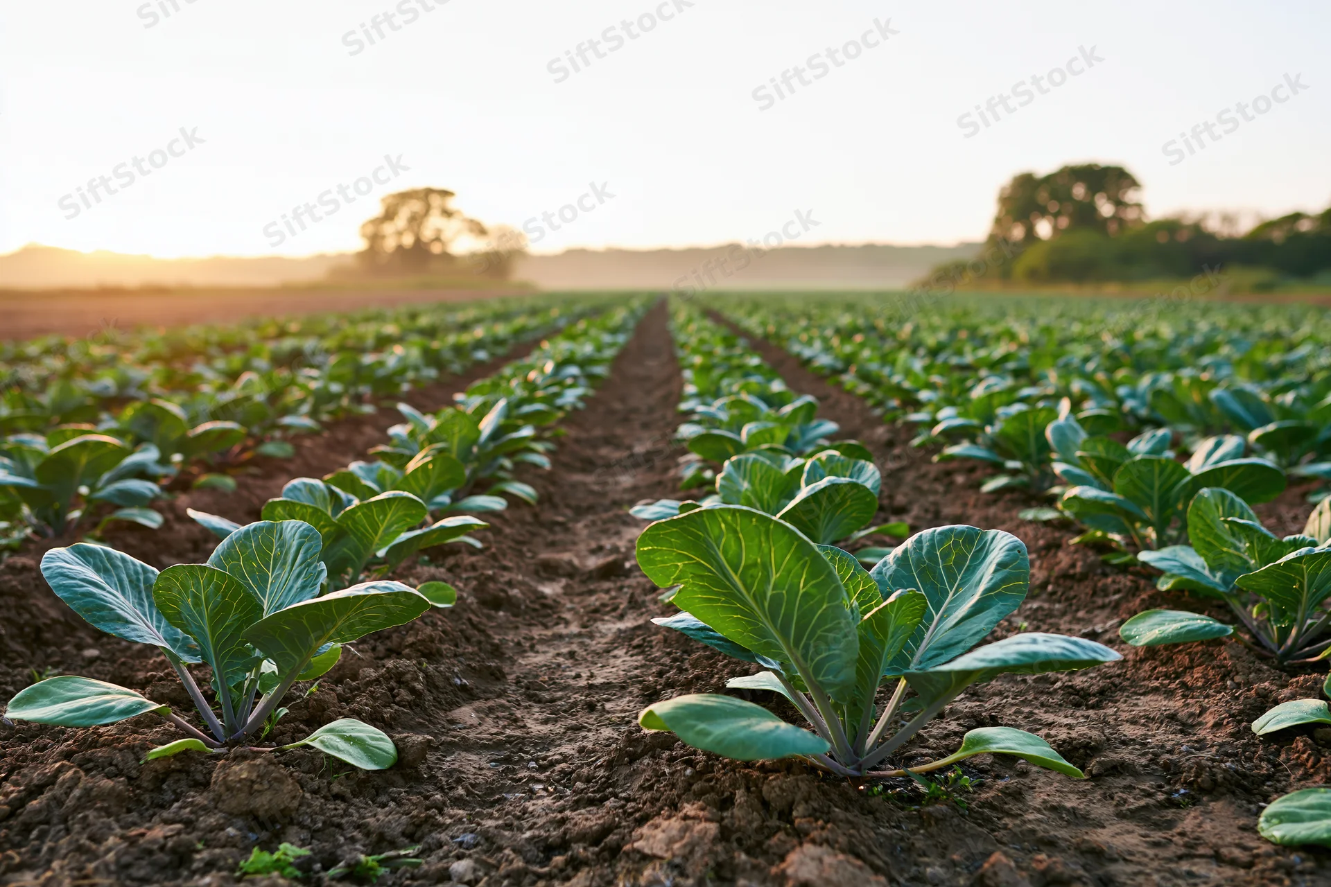 Rows of young cabbage seedlings growing in a flat agricultural field at sunrise
