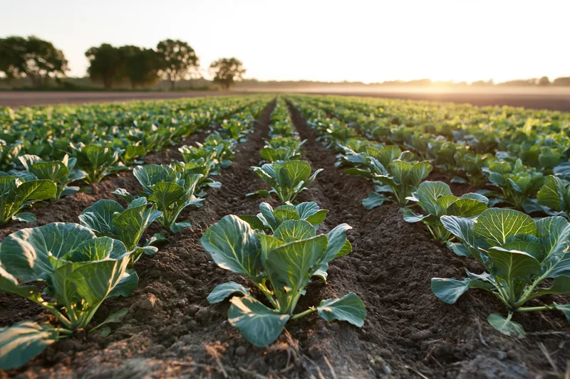 Rows of young cabbage seedlings growing in a flat agricultural field at sunrise