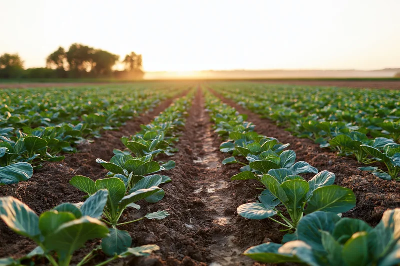Rows of young cabbage seedlings growing in a flat agricultural field at sunset