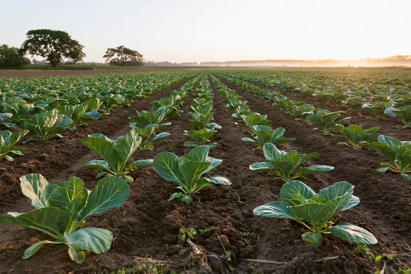 Rows of young cabbage seedlings growing in a flat agricultural field at sunrise