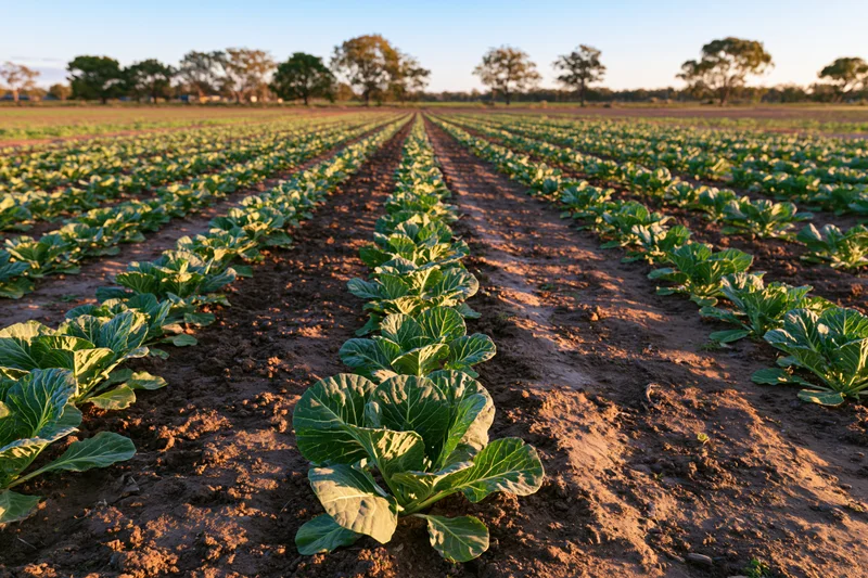 Rows of young cabbage seedlings growing in neat lines across a farm field under morning light