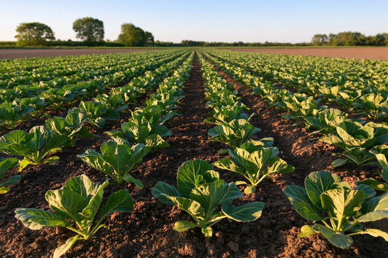 Rows of young cabbage seedlings growing in neat lines across a vast field under a clear sky
