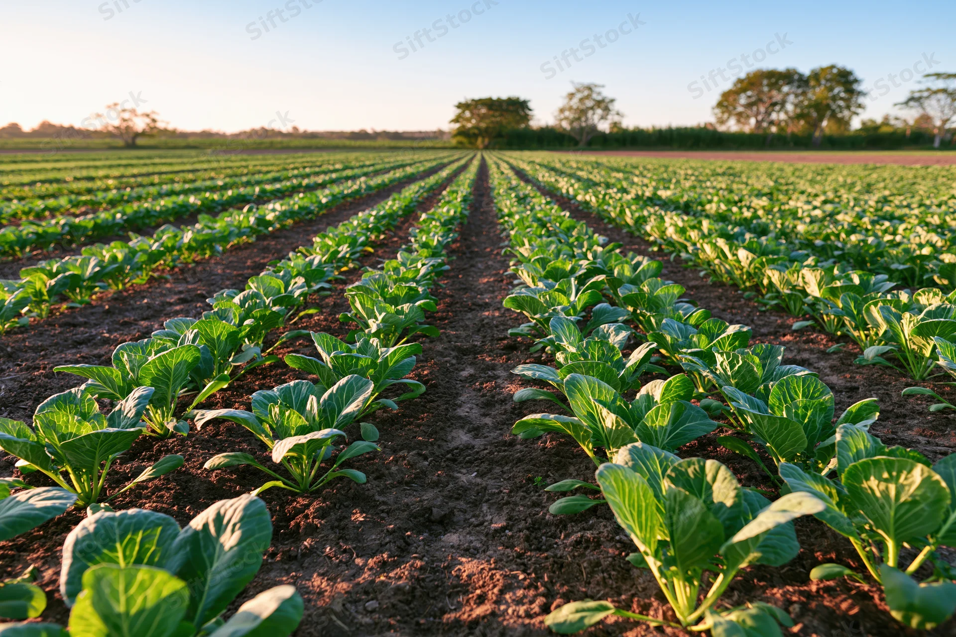 Rows of young cabbage seedlings growing in a field stretching to the horizon
