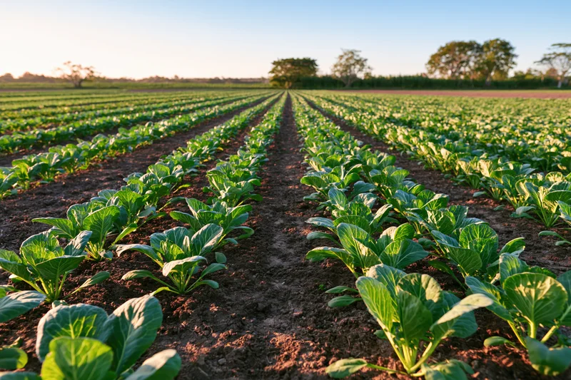 Rows of young cabbage seedlings growing in a field stretching to the horizon