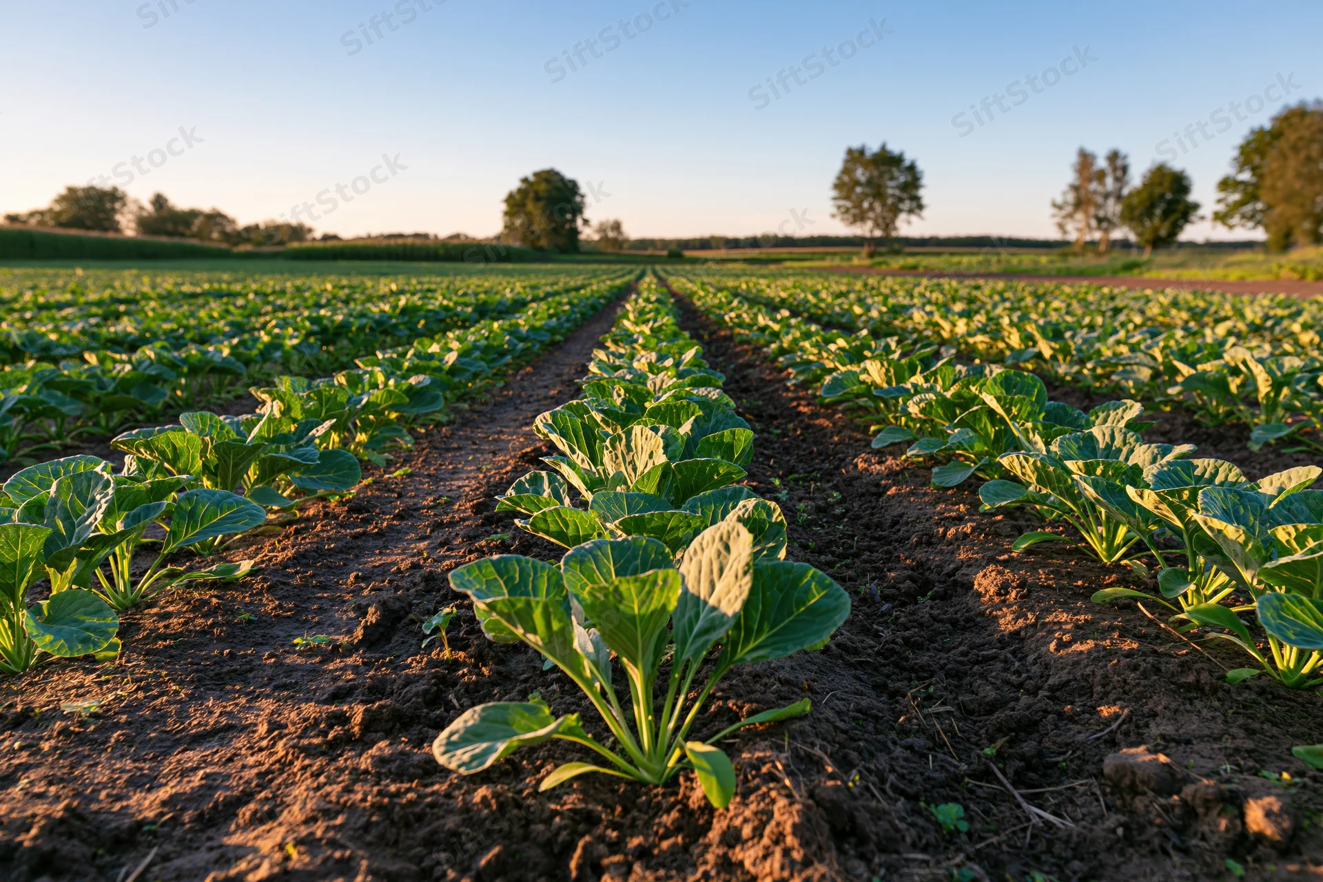 Rows of young cabbage seedlings growing in a cultivated field under morning light