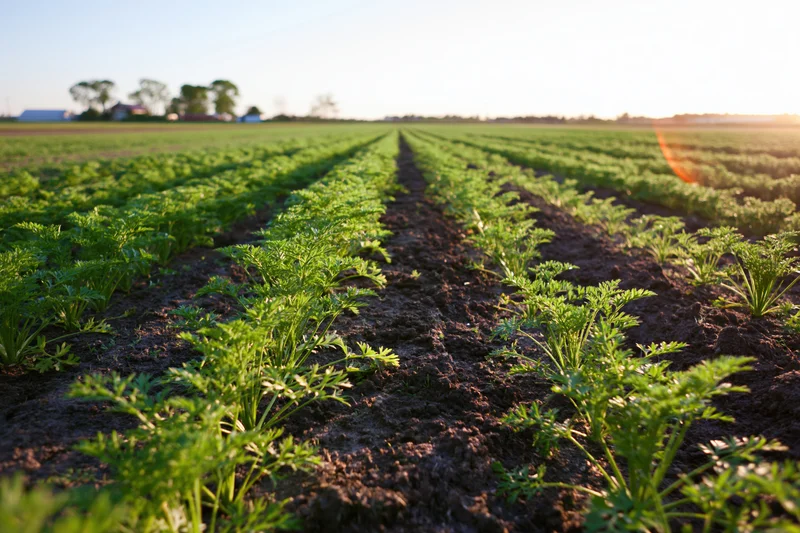 Young carrot plants growing in neat rows across a large open field at sunrise