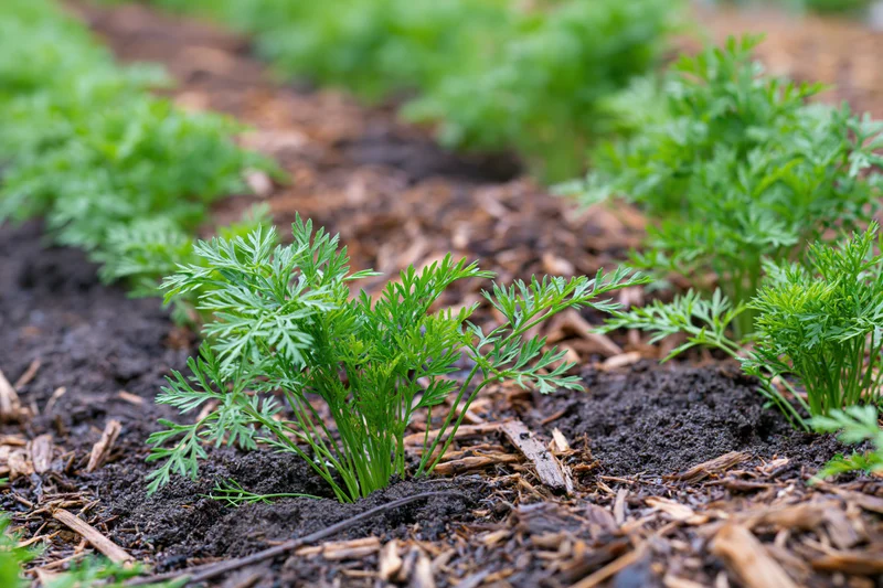 Rows of young carrot seedlings growing in dark garden soil with woodchip mulch