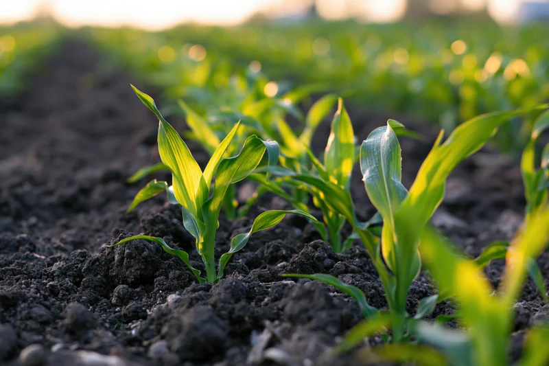 Young corn seedlings emerging in rows from dark tilled soil in a field