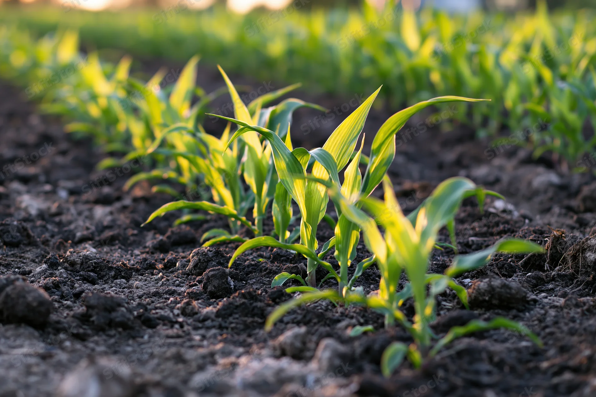 Young corn seedlings growing in rows on dark tilled soil in a farm field