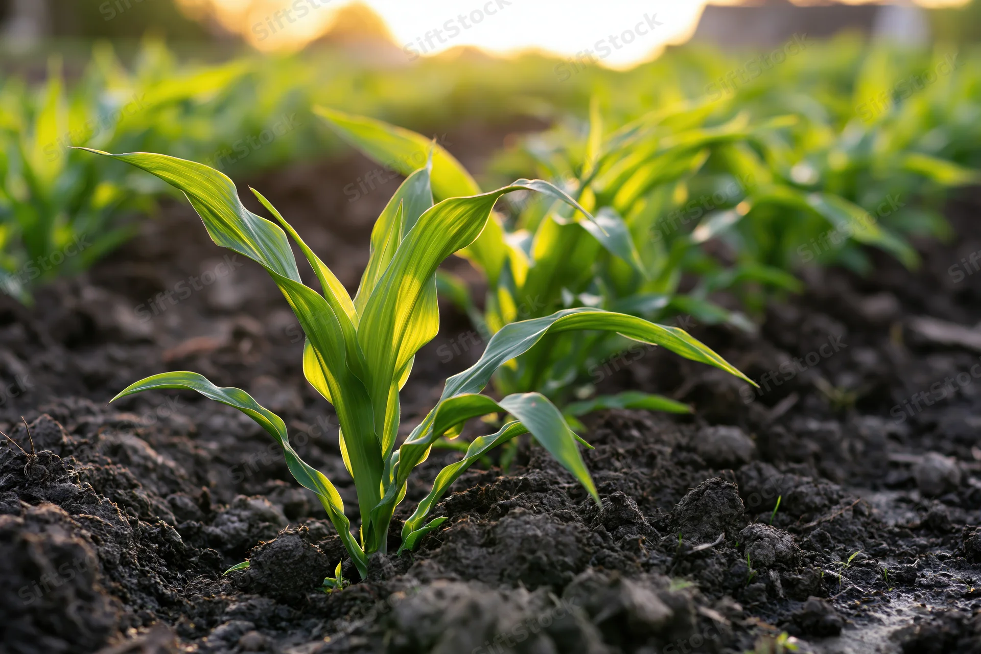 Young corn seedlings emerging from dark tilled soil in rows across a farm field