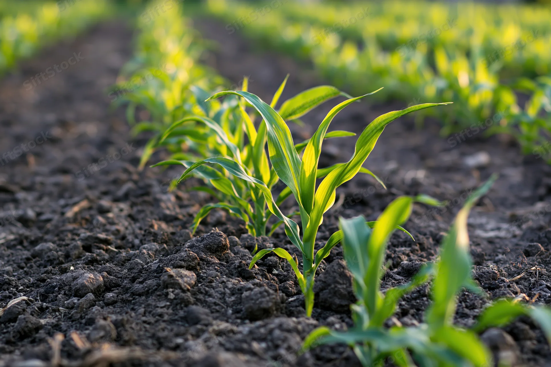 Young corn seedlings emerging in rows from dark tilled soil in a farm field