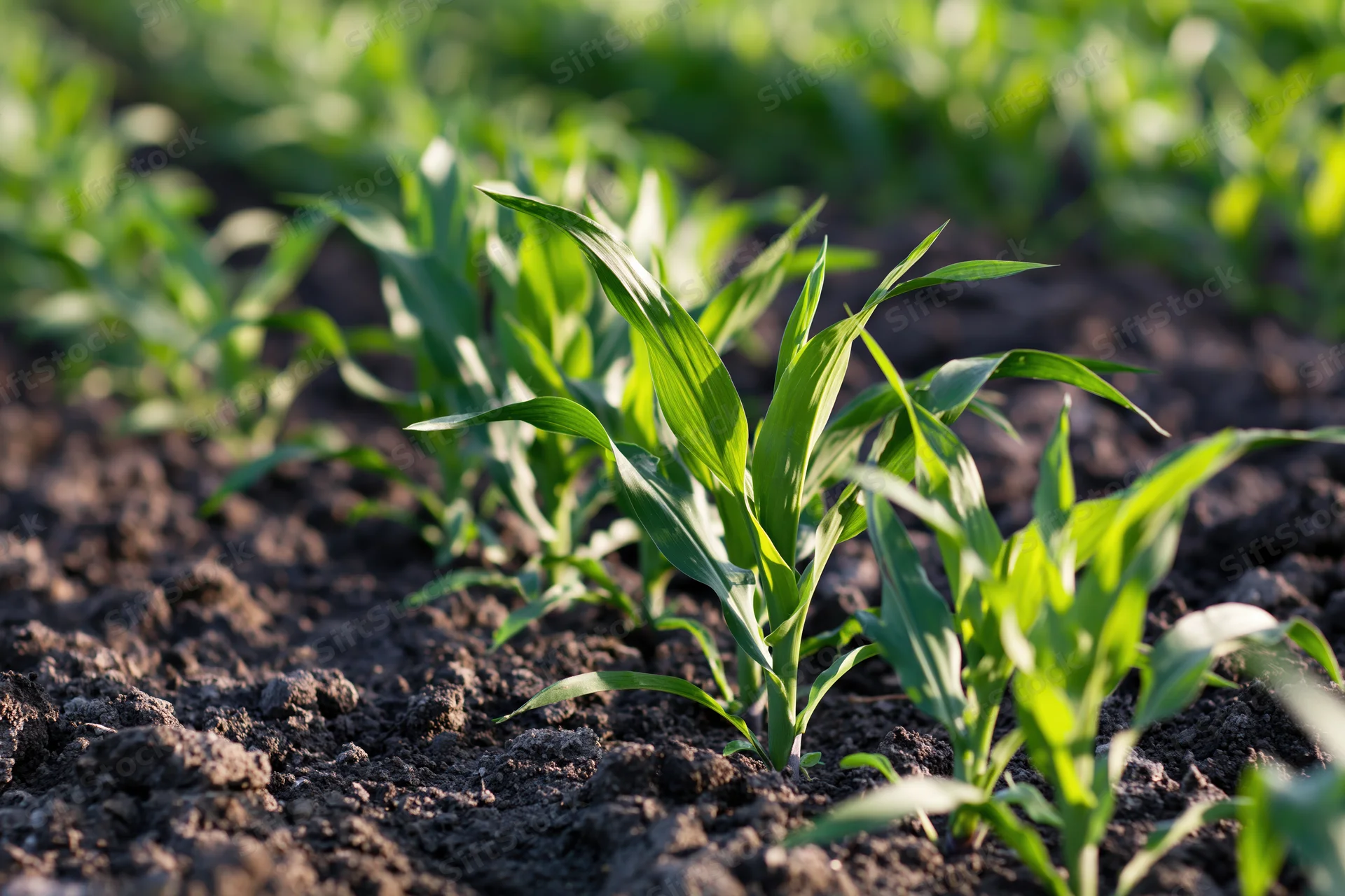 Young corn seedlings sprouting in rows from dark tilled soil