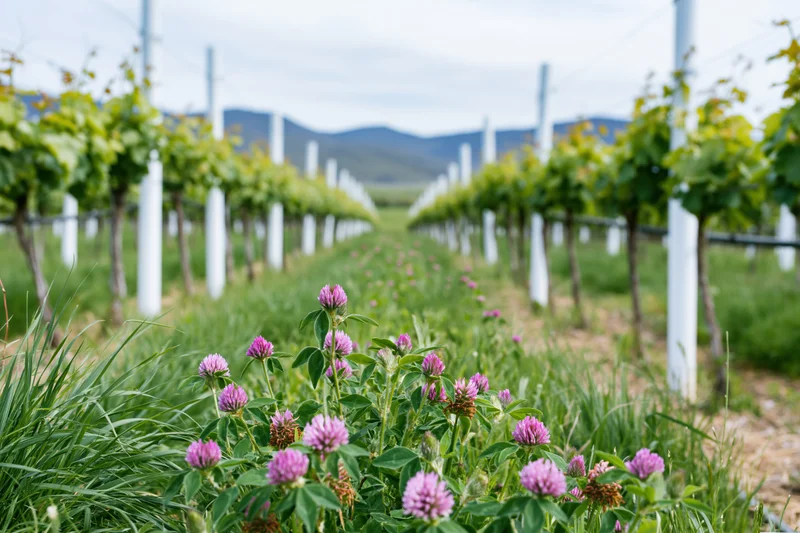 Rows of young grapevines on white posts receding into the distance with pink clover in the foreground