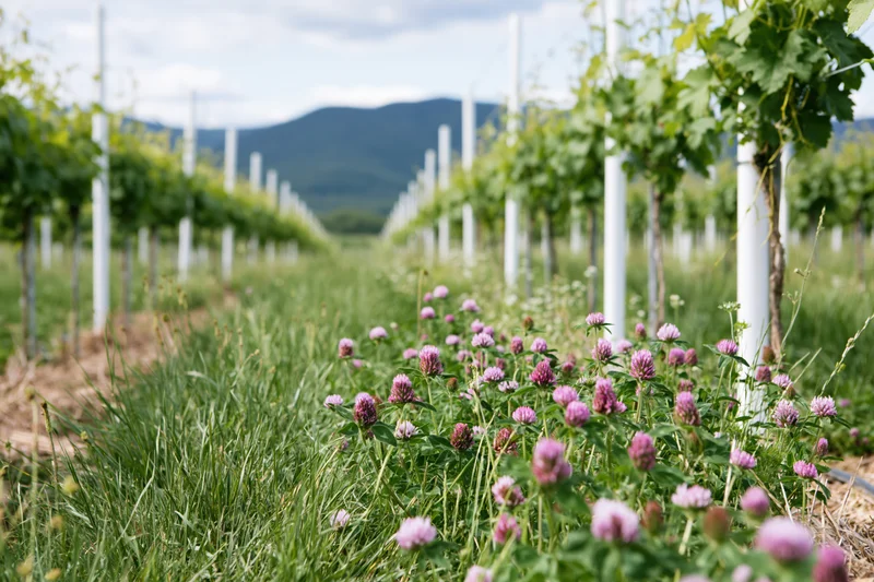 Rows of young grapevines on white posts receding into the distance with purple clover in the foreground and mountains in the background