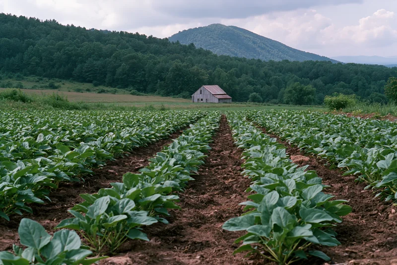 Rows of young leafy green crops growing in dark soil in a rural field with a barn and forested hills in the background
