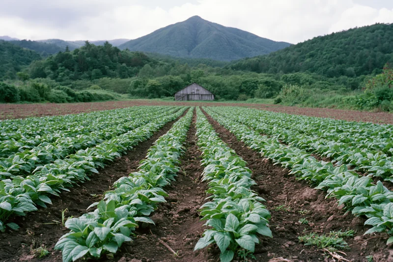Rows of young soybean plants growing in dark soil in a rural field with a barn and mountains in the background