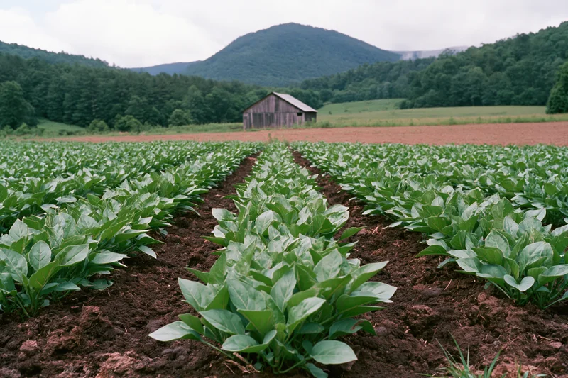 Rows of young leafy green crops growing in dark soil in a rural field with a wooden barn and forested hills in the background