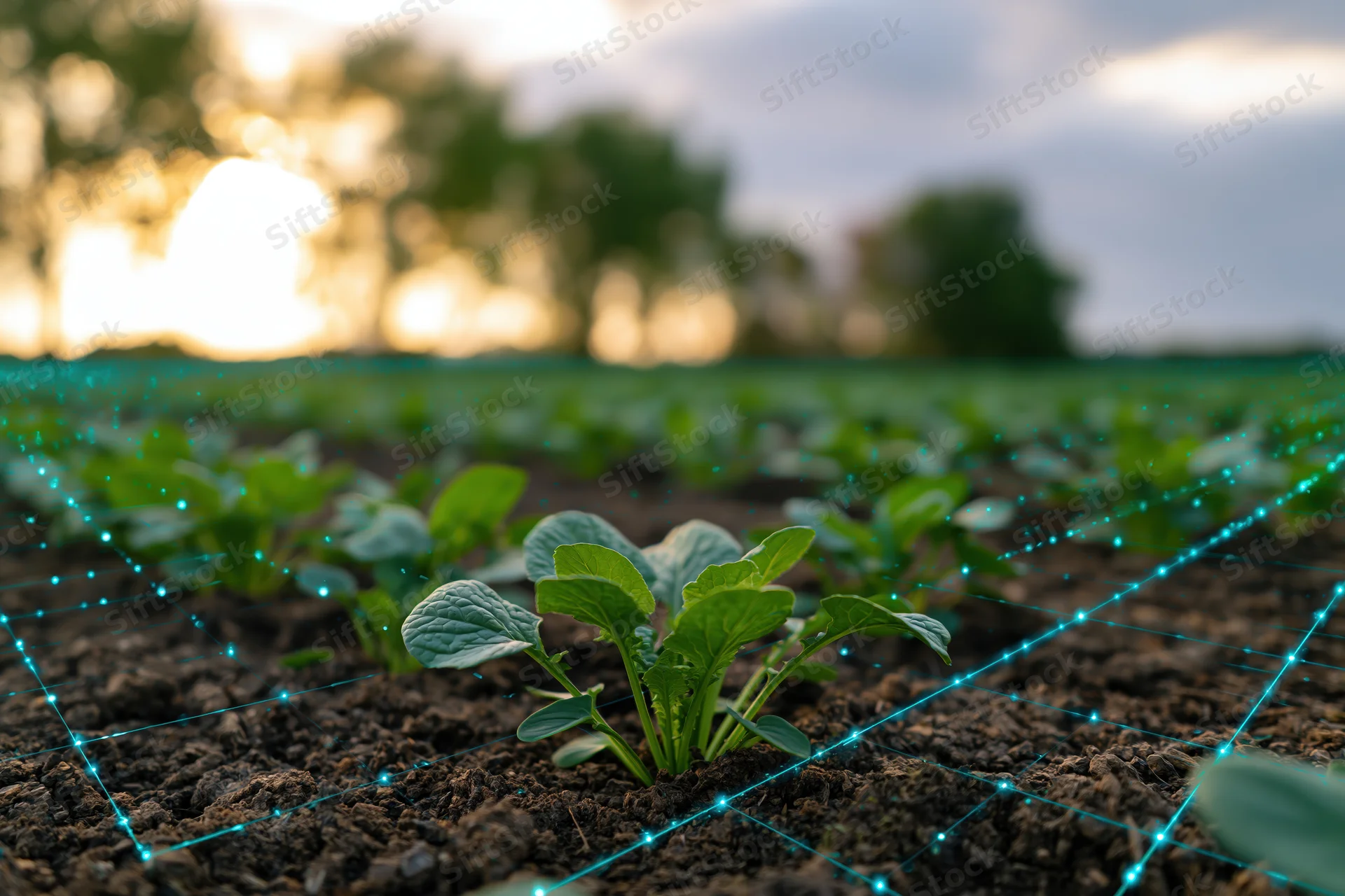 Young leafy green crops growing in rows on dark tilled soil with digital grid overlay