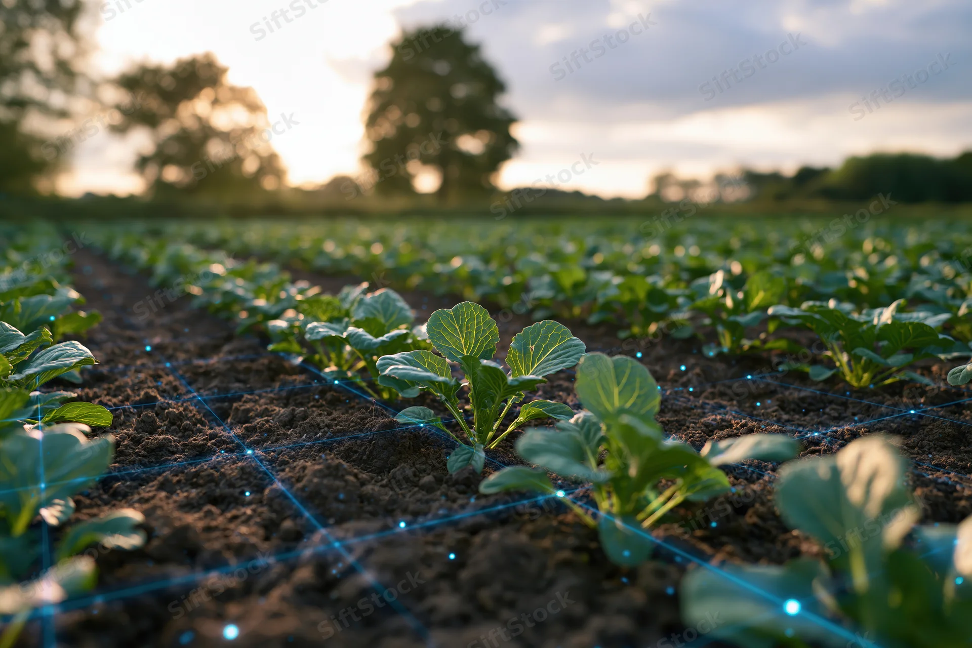 Rows of young leafy green crops growing in dark tilled soil at sunset in a farm field