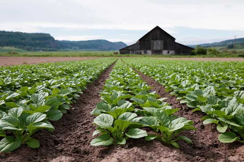 Rows of young leafy green crops growing in neat lines on a farm field with a weathered barn in the background