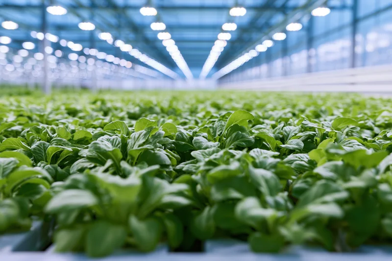 Young leafy green seedlings growing in dense rows inside a greenhouse with led lighting