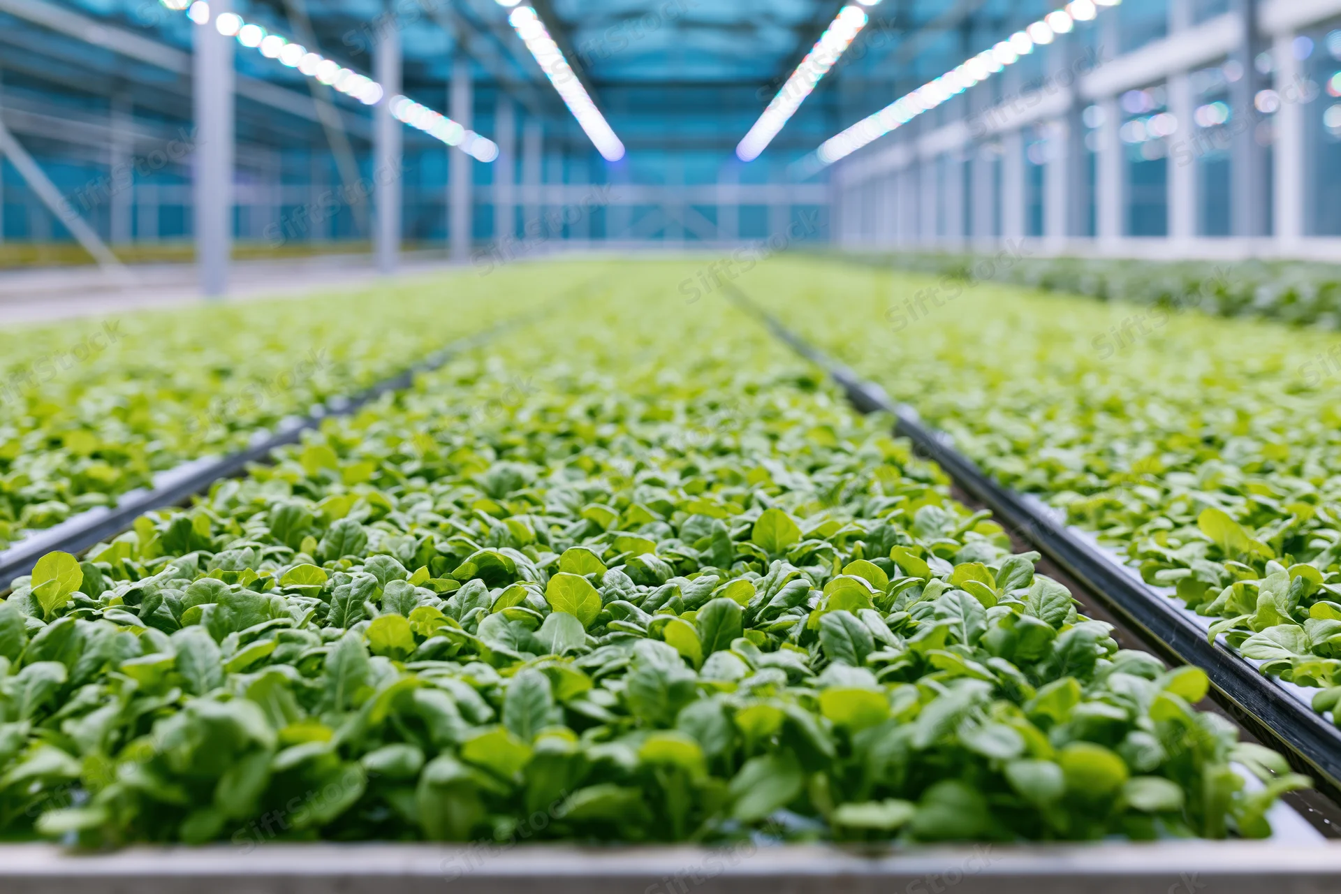 Rows of young leafy green seedlings growing densely in long trays inside a greenhouse with led lighting