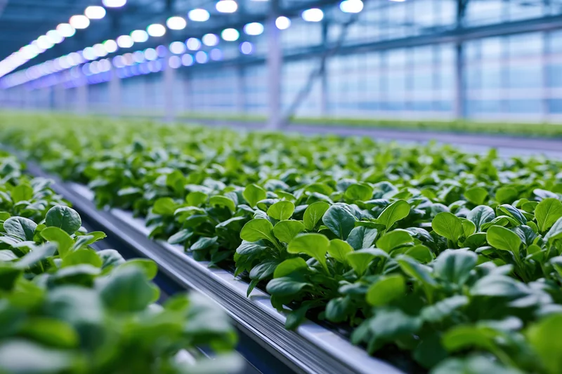 Young leafy green seedlings growing in rows on trays inside a greenhouse with led lighting