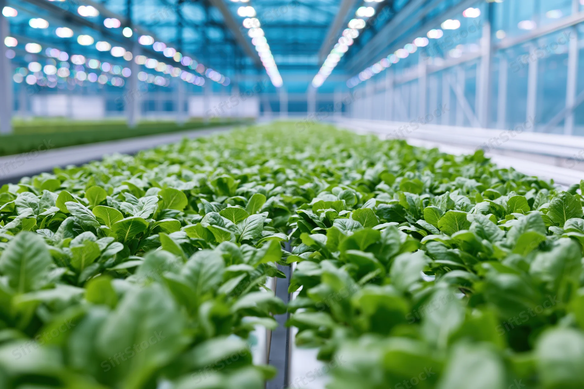 Rows of young lettuce seedlings growing densely in long hydroponic trays inside a modern greenhouse with led lighting