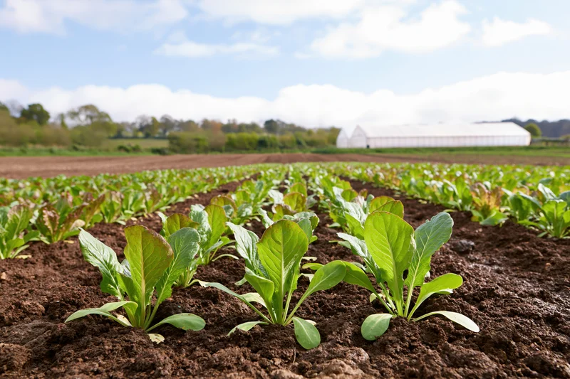 Rows of young lettuce seedlings growing in dark soil in a farm field