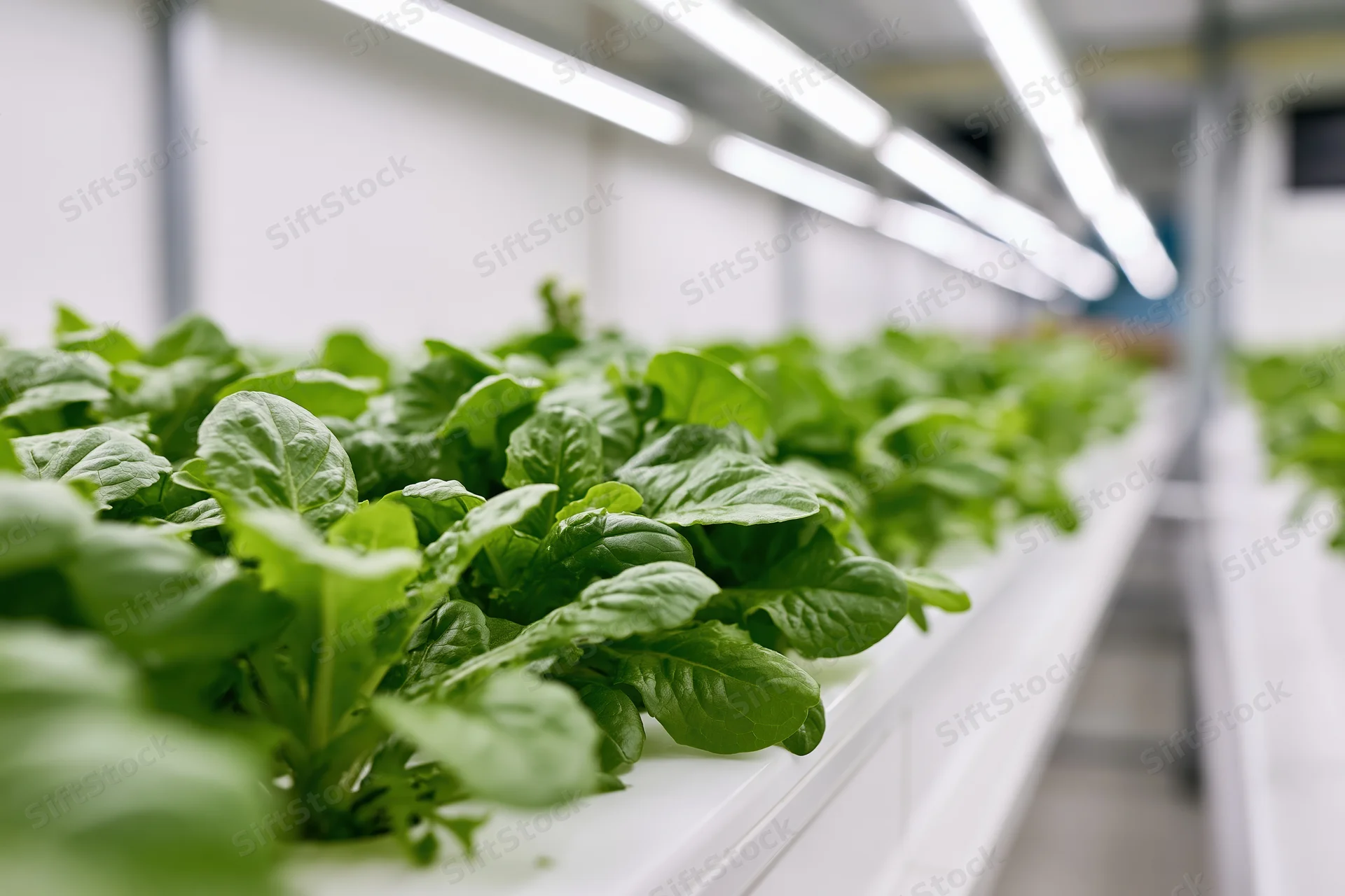 Rows of young leafy lettuce growing in hydroponic trays inside a controlled indoor farm