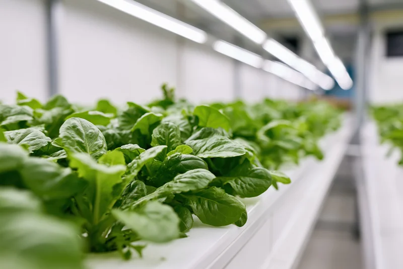 Rows of young leafy lettuce growing in hydroponic trays inside a controlled indoor farm
