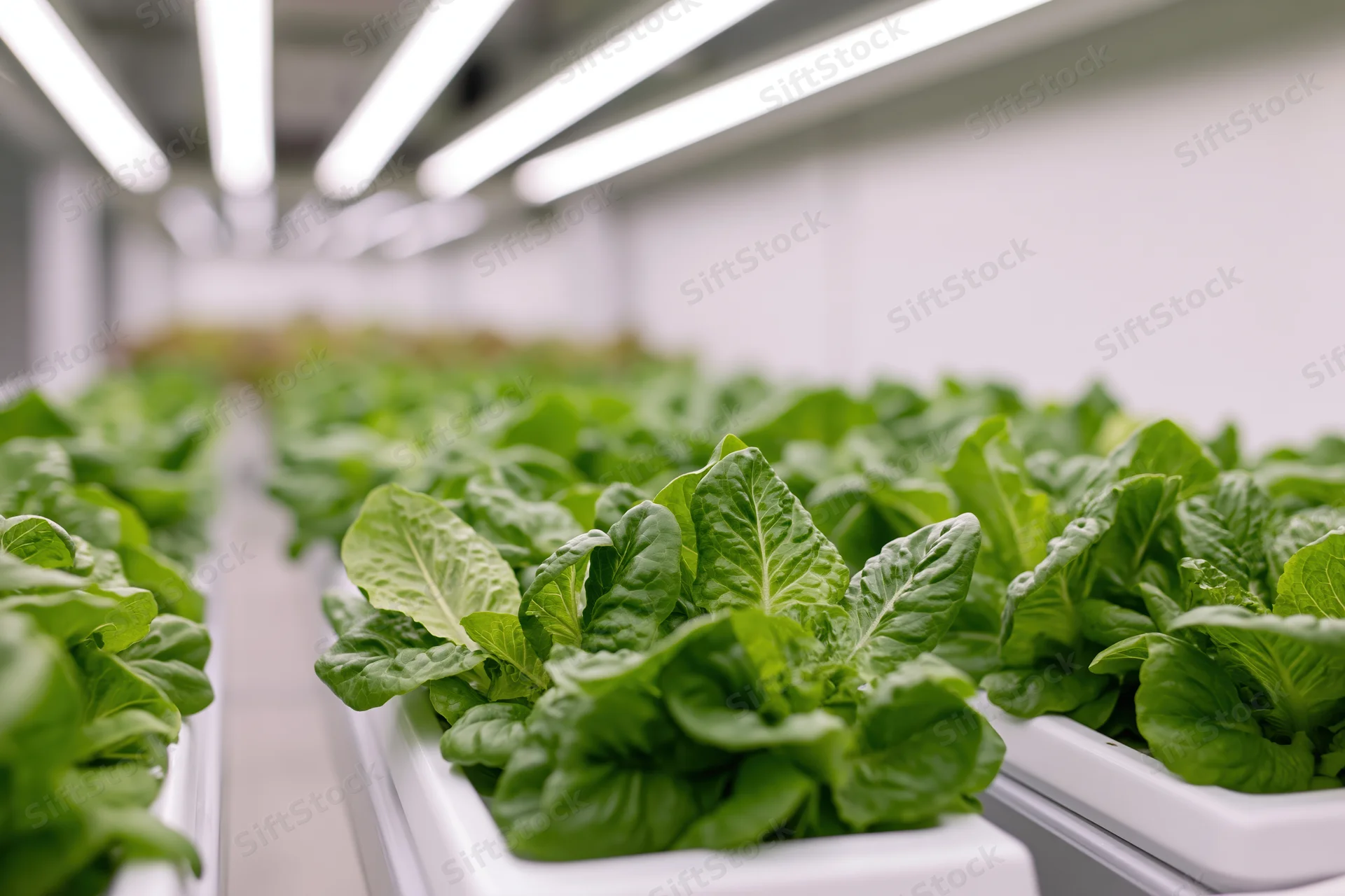 Rows of young leafy lettuce growing in hydroponic trays inside a controlled indoor farm