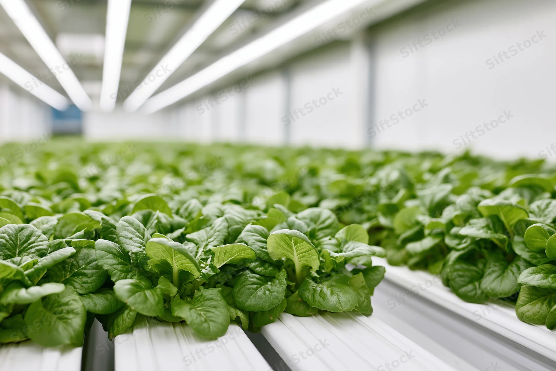 Rows of young leafy lettuce growing in hydroponic trays inside a greenhouse under artificial lighting