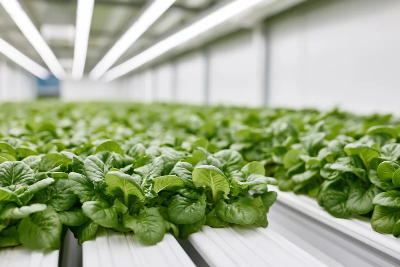 Rows of young leafy lettuce growing in hydroponic trays inside a greenhouse under artificial lighting