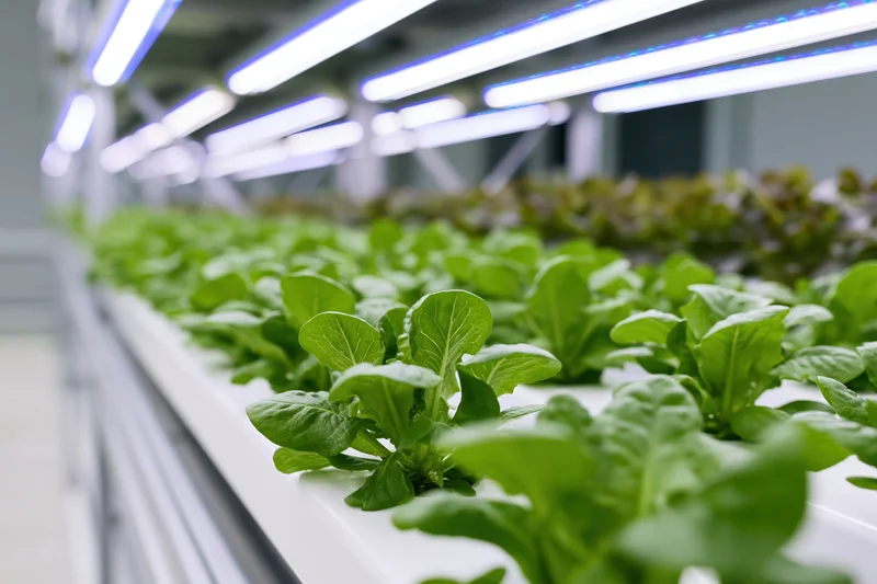 Rows of young lettuce plants growing in a hydroponic indoor farm under led lighting