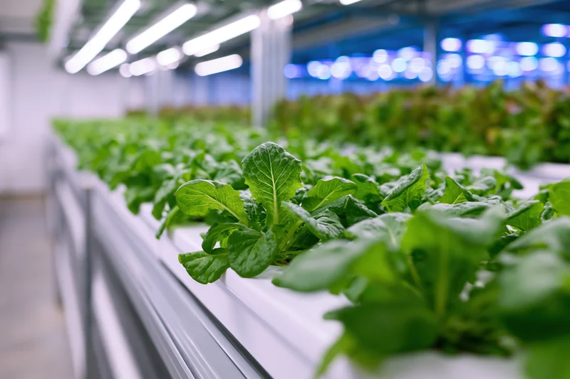 Rows of young lettuce plants growing in a hydroponic indoor farm