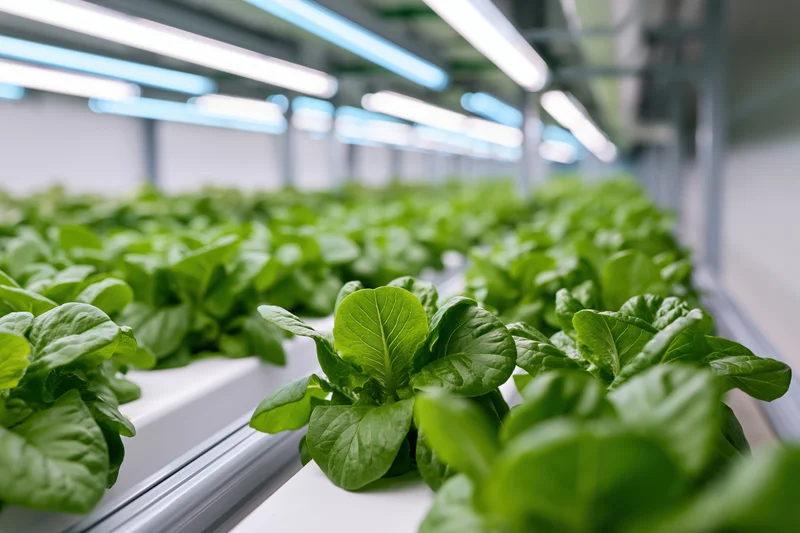 Rows of young lettuce plants growing in a hydroponic indoor farm under led lighting