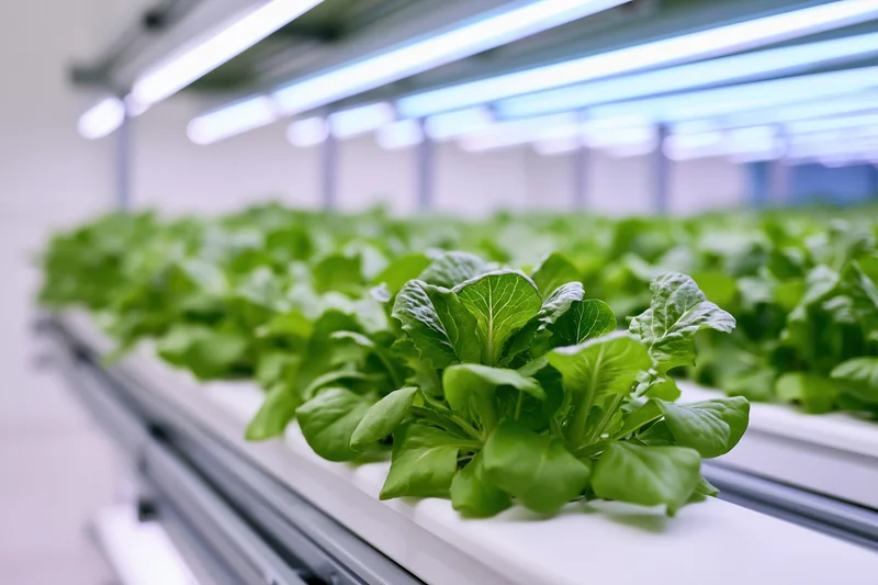Rows of young lettuce plants growing in a hydroponic indoor farm under led lighting