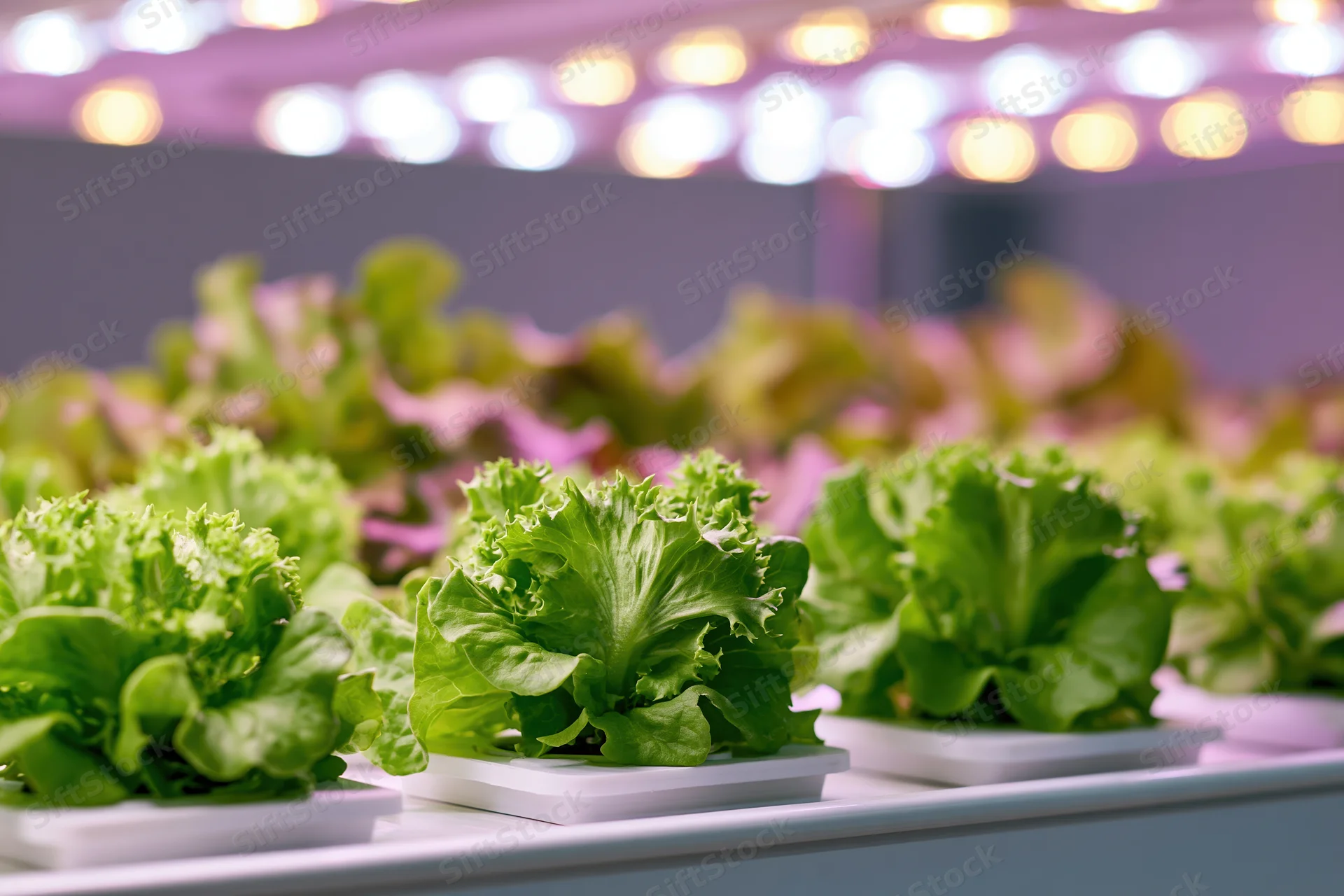Rows of young lettuce plants growing in an indoor vertical farm under led lighting
