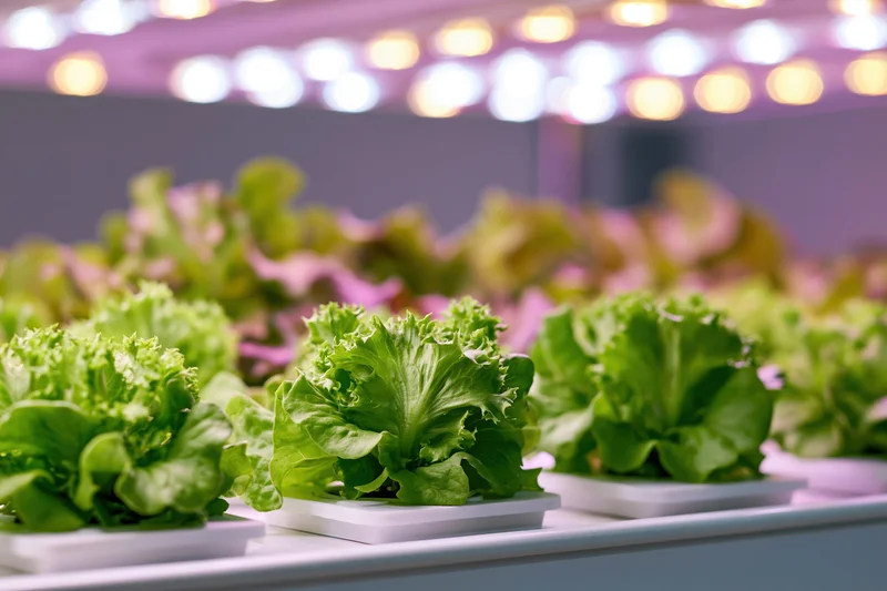 Rows of young lettuce plants growing in an indoor vertical farm under led lighting