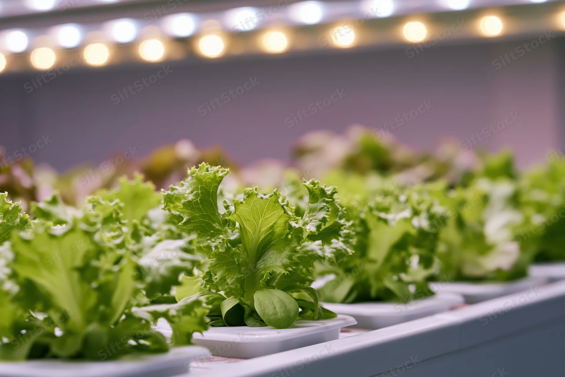 Rows of young lettuce plants growing in an indoor vertical farm under led lighting