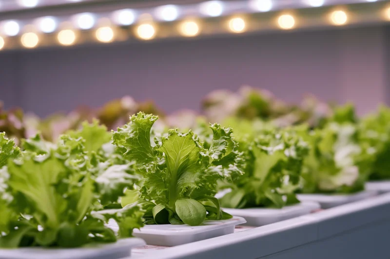 Rows of young lettuce plants growing in an indoor vertical farm under led lighting