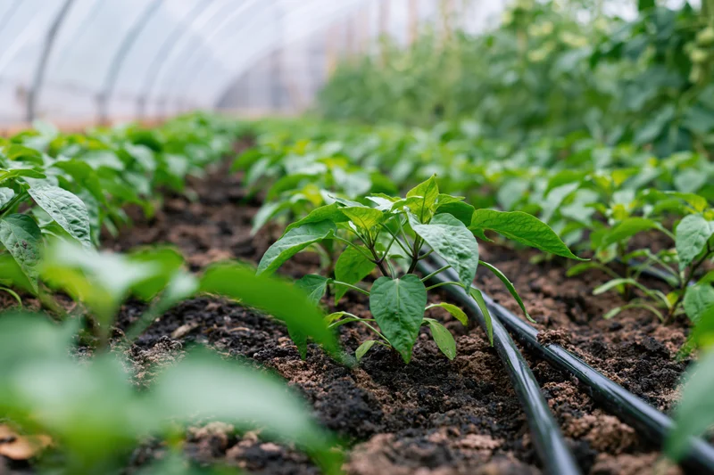 Rows of young pepper and tomato seedlings growing in dark soil under a greenhouse structure with drip irrigation pipes