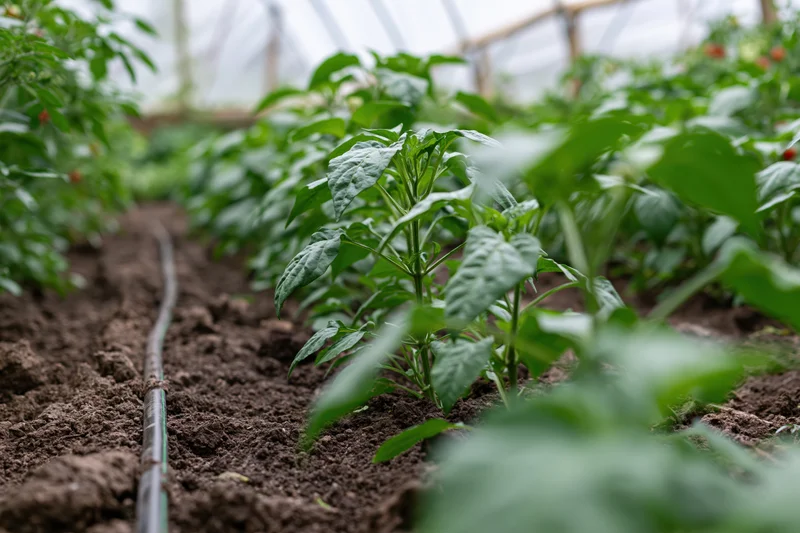Young pepper and tomato seedlings growing in rows in a greenhouse with drip irrigation along dark moist soil