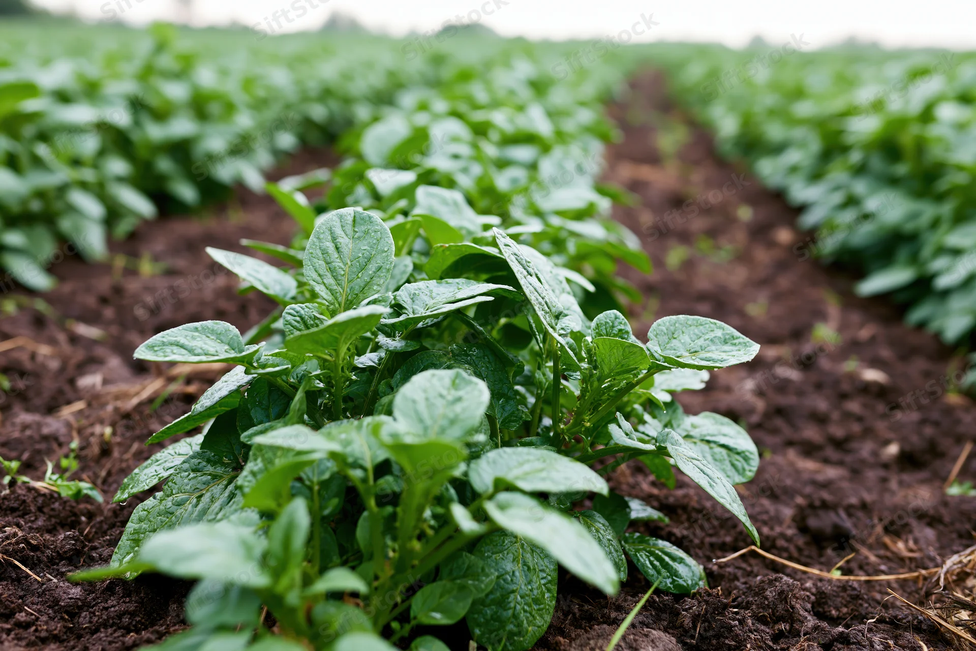 Rows of young potato plants growing in dark tilled soil in a field