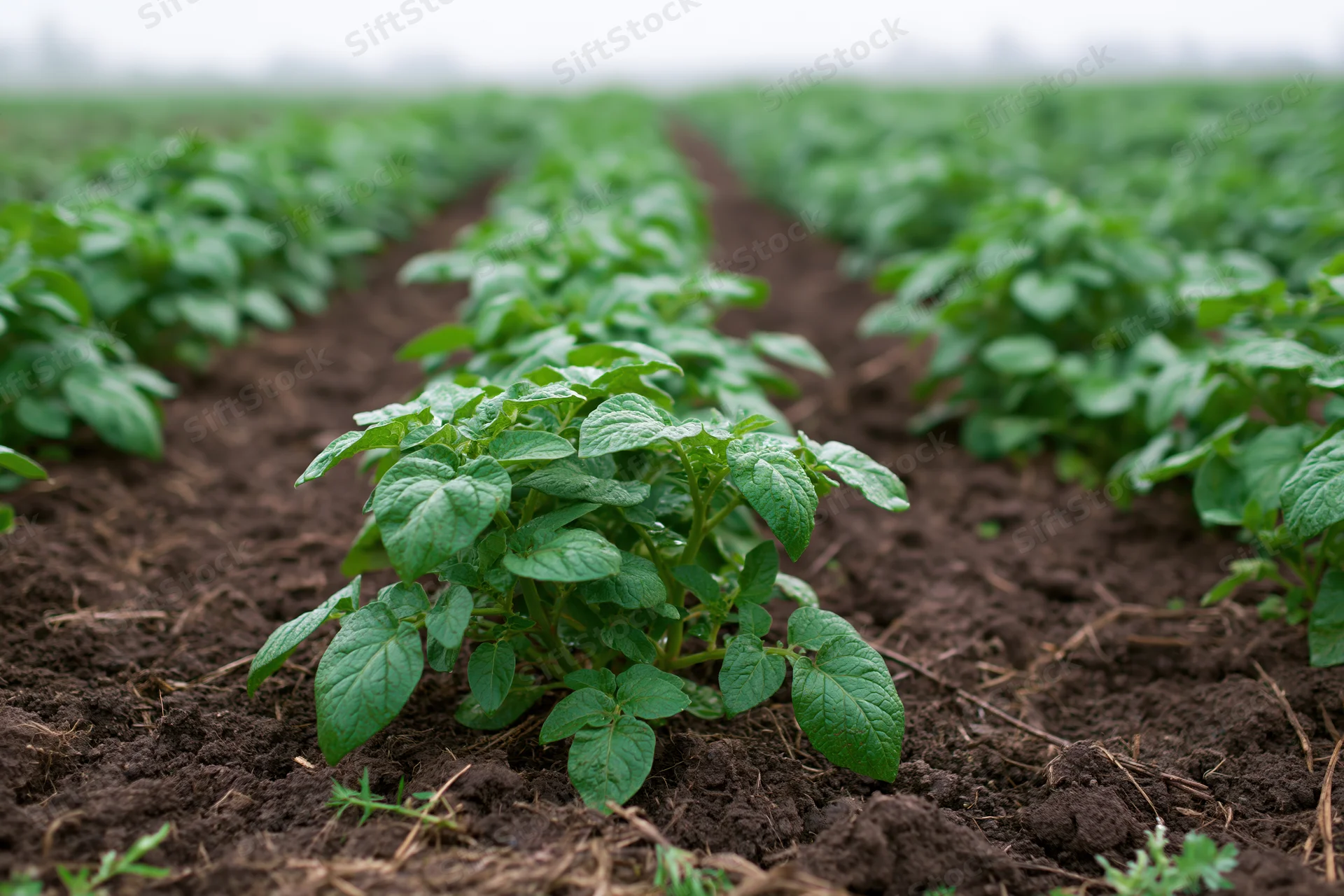 Young potato plants growing in rows in dark tilled soil