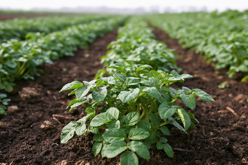 Rows of young potato plants growing in dark tilled soil in a field