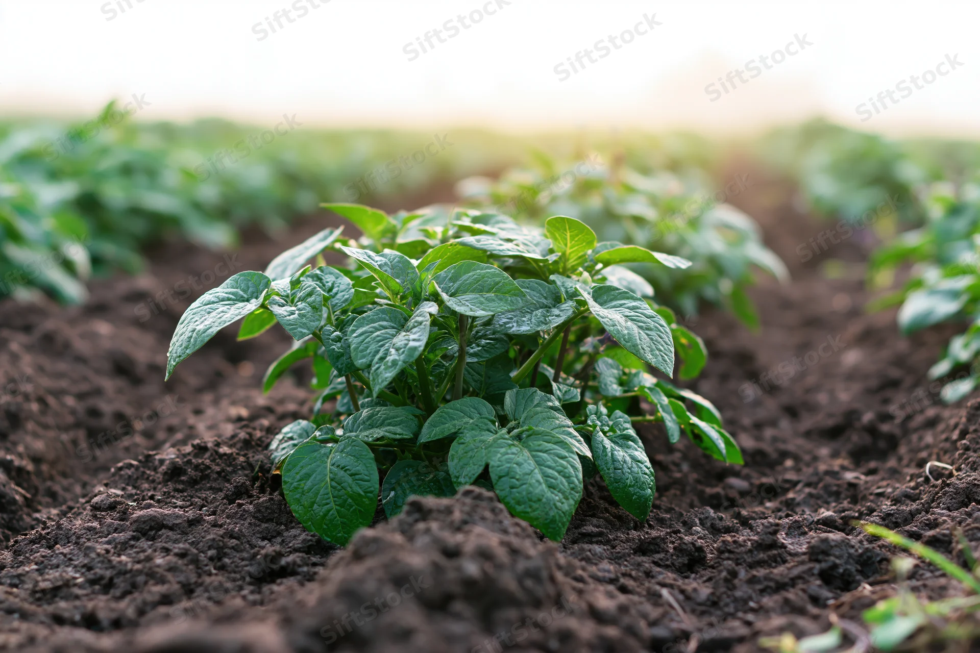 Young potato plants growing in rows in freshly tilled dark soil