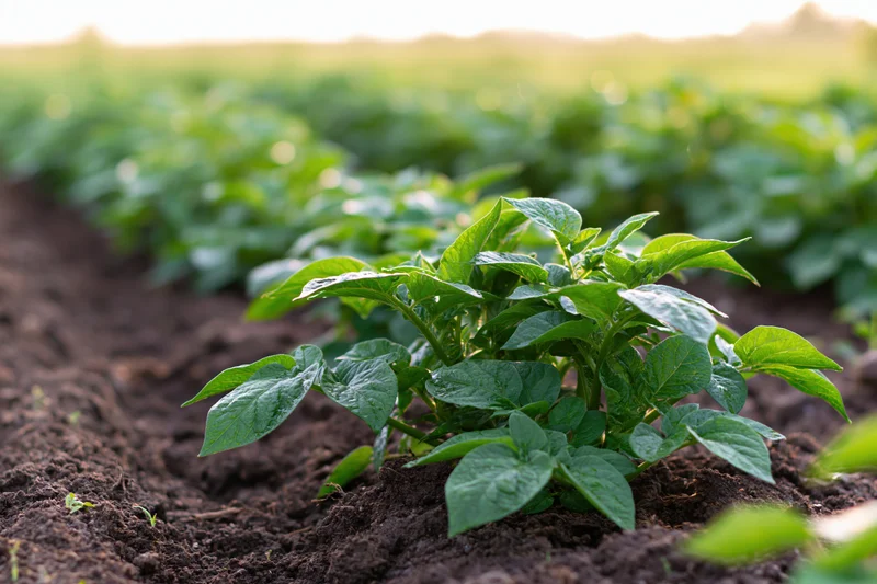 Rows of young potato plants growing in freshly tilled dark soil
